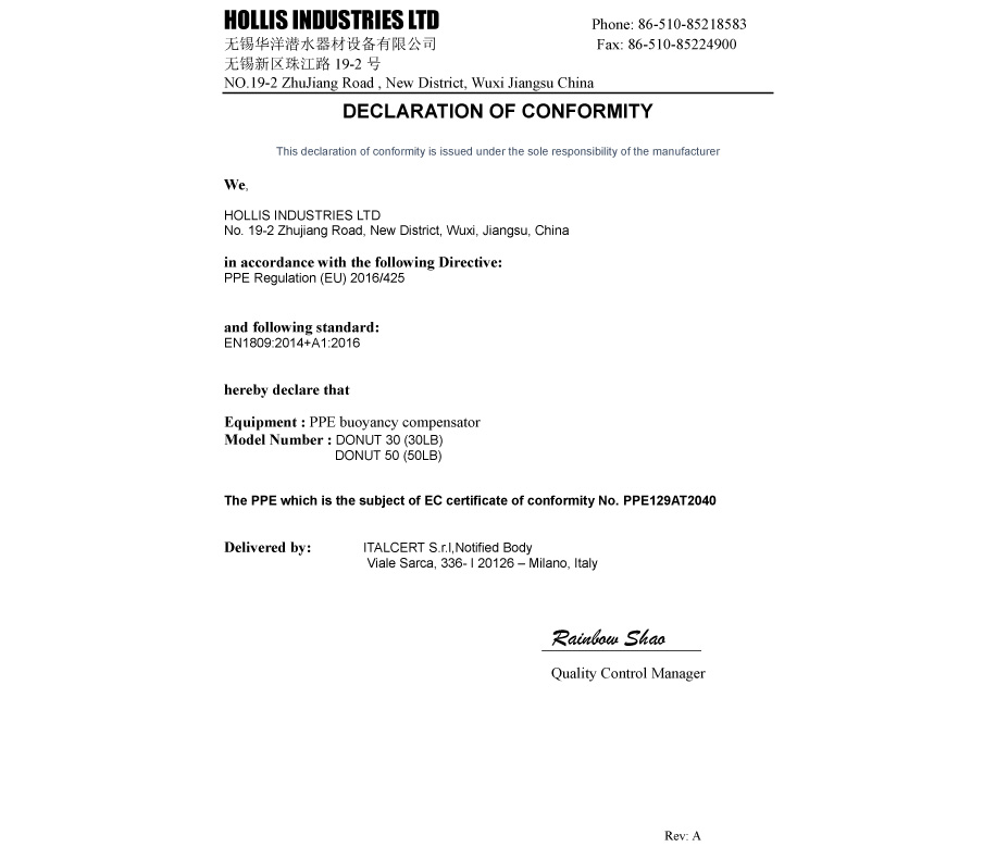 model EU EC declaration of conformity Donut 30 Donut 50